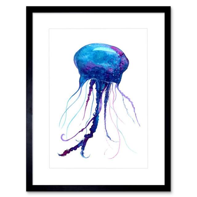 "Artery8 Blue Jellyfish Watercolour Painting Home Decor 12x16"" Framed Art Print - Size: W12"" x H16""" - image 1