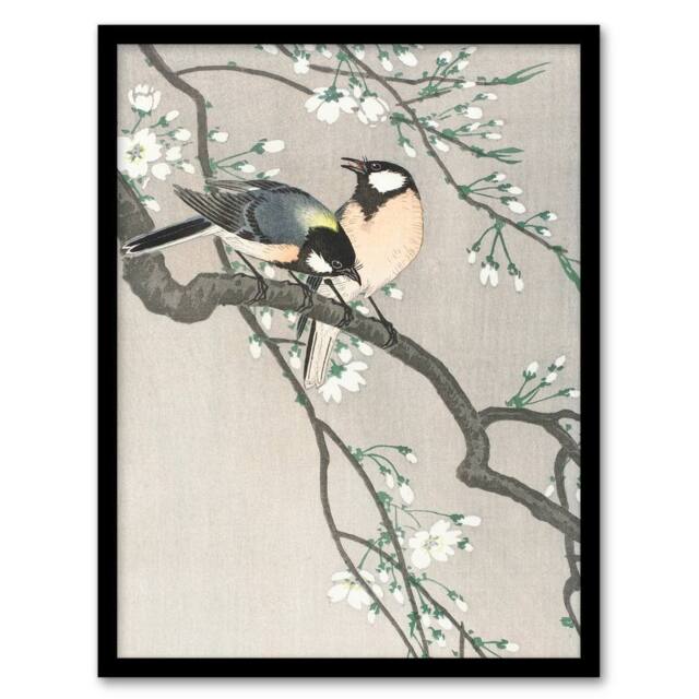 Artery8 Ohara Koson Framed Wall Art Print Tits On Blooming Cherry Branch in Grey - Size: A4 - image 1