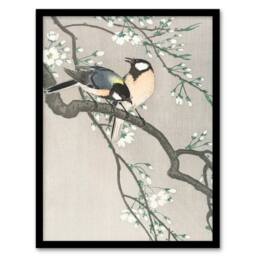 Artery8 Ohara Koson Framed Wall Art Print Tits On Blooming Cherry Branch in Grey - Size: A4 - thumbnail 1
