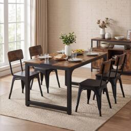 Levede Dining Table 4-6 Seater Retro Kitchen Adjustable Foot for Home, Walnut in Brown - thumbnail 3