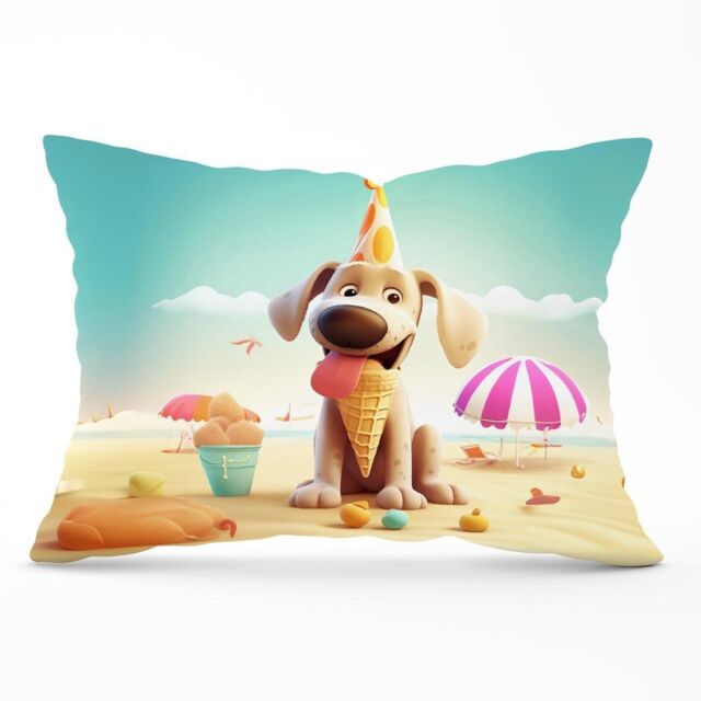 Warren Reed - Designer Dog On A Beach Holiday Cushions in Yellow - Size: 60 cm x 60 cm - image 1