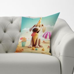 Warren Reed - Designer Dog On A Beach Holiday Cushions in Yellow - Size: 60 cm x 60 cm - thumbnail 2