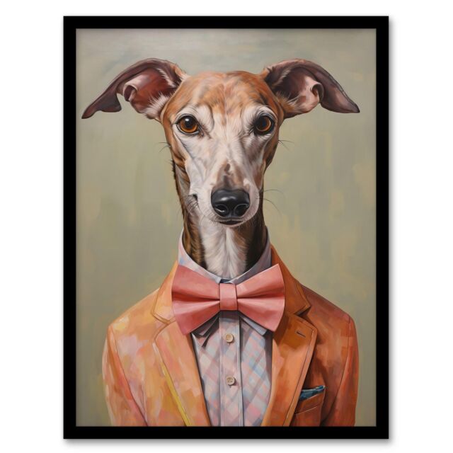 "Wee Blue Coo Wall Art Print Smart As A Whippet Bow Tie Greyhound Living Room Framed in Grey - Size: W12"" x H16""" - image 1