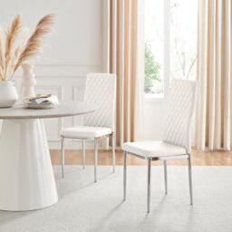 FurnitureboxUK Set of 6 Milan High Back Soft Touch Diamond Pattern Faux Leather Dining Chairs With Silver Chrome Metal Legs in White - thumbnail 9