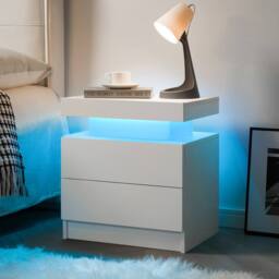 Direct Wicker Nightstand LED Bedside Table Cabinet Modern End Side with 2 Drawers in White - Size: 1 Pack