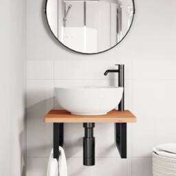 Berkfield Home Basin Shelf Wall Mounted Steel & Solid Wood Beech in Brown - thumbnail 3