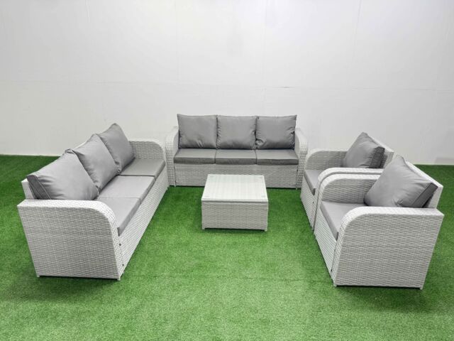 Fimous PE Rattan High Back Lounge Sofa Set Patio Square Coffee Table & Chairs Set with 3 Seater Sofa Reclining Chair Light Grey - image 1