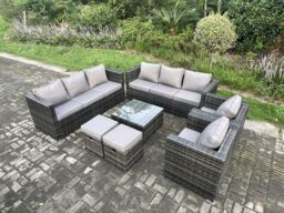 Fimous 10 Seater Rattan Garden Furniture Sofa Set with 2 Armchairs Square Coffee Table 2 Small Footstools Indoor Side Table in Dark Grey - thumbnail 1