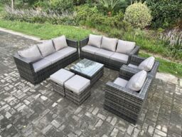 Fimous 10 Seater Rattan Garden Furniture Sofa Set with 2 Armchairs Square Coffee Table 2 Small Footstools Indoor Side Table in Dark Grey - thumbnail 2