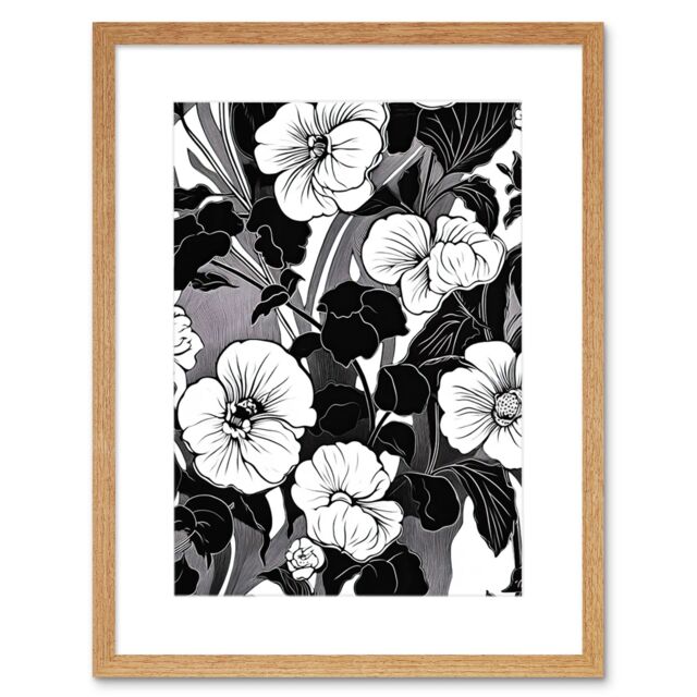 "Artery8 Wall Art Print Viola Flower Blooms Black & White Artwork Framed 9X7 Inch in Beige - Size: W7"" x H9""" - image 1