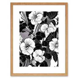 "Artery8 Wall Art Print Viola Flower Blooms Black & White Artwork Framed 9X7 Inch in Beige - Size: W7"" x H9""" - thumbnail 1