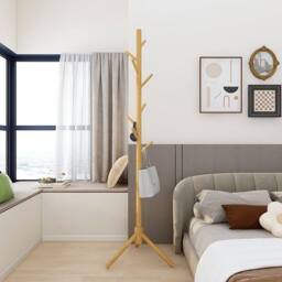 Ventryn Wooden Coat Stand Tree with 8 Hooks, Hallway Hat Hanger in Natural - thumbnail 7