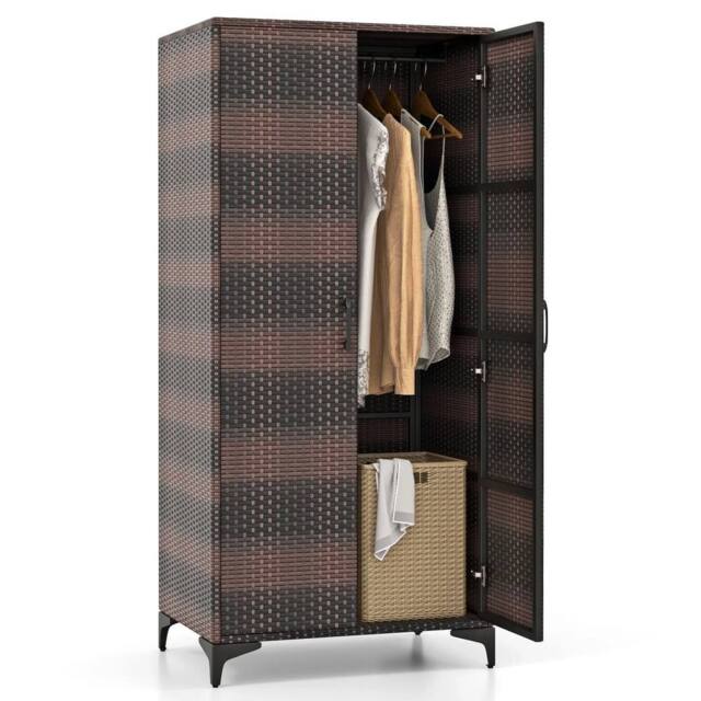 NESTLUNE 157cm High Wicker Storage Cabinet 2 Door PE Rattan Closet in Brown - Size: 100 cm x 15 cm - image 1