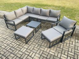 Fimous 9 Seater Outdoor Lounge Corner Sofa Set Aluminum Garden Furniture Sets with Square Coffee Table Chair 2 Big Footstool Dark Grey - thumbnail 2