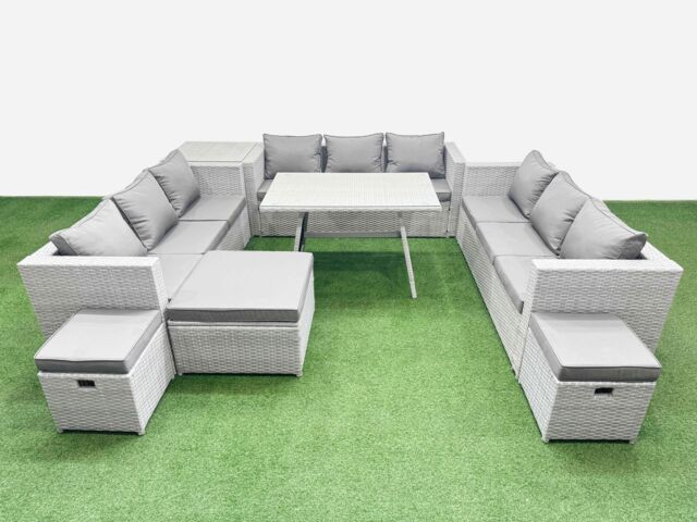 Fimous 12 Seat Patio PE Rattan Garden Furniture with Side Table 3 Stool in Light Grey - image 1