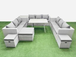 Fimous 12 Seat Patio PE Rattan Garden Furniture with Side Table 3 Stool in Light Grey - thumbnail 2