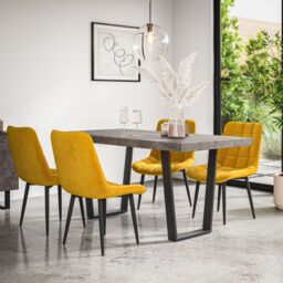 More4Homes Aria Dining Table & Chairs - Concrete Effect Table Top w Black Legs + Nova Velvet Dining Chair Set Of 6 in Mustard