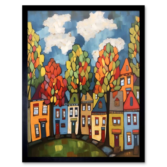 "Artery8 Wall Art Print Multicoloured Row Of Houses With Autumn Trees Contemporary Folk Art Painting Art Framed in Black - Size: W12"" x H16""" - image 1