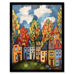 "Artery8 Wall Art Print Multicoloured Row Of Houses With Autumn Trees Contemporary Folk Art Painting Art Framed in Black - Size: W12"" x H16""" - thumbnail 1