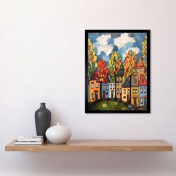 "Artery8 Wall Art Print Multicoloured Row Of Houses With Autumn Trees Contemporary Folk Art Painting Art Framed in Black - Size: W12"" x H16""" - thumbnail 2