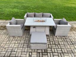 Fimous Outdoor PE Rattan Garden Furniture Gas Fire Pit Dining Table Armchairs With Big Footstool Light Grey - thumbnail 3