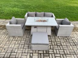Fimous Outdoor PE Rattan Garden Furniture Gas Fire Pit Dining Table Armchairs With Big Footstool Light Grey - thumbnail 1