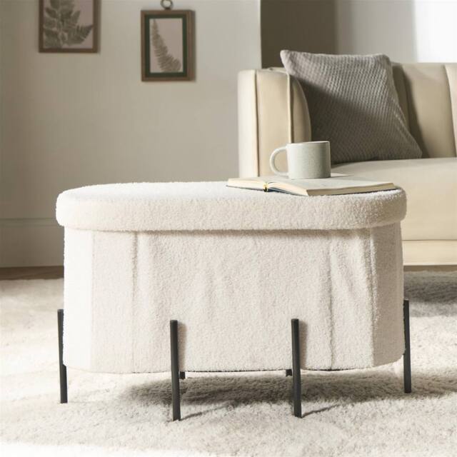 OHS Boucle Large Oval Ottoman Storage Box Footstool Bench with Legs in Cream - image 1