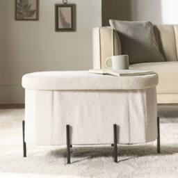OHS Boucle Large Oval Ottoman Storage Box Footstool Bench with Legs in Cream - thumbnail 1