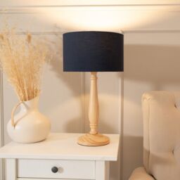 ValueLights Victoria Light Wood Traditional Stem Table Lamp with Fabric Drum Shade in Navy - thumbnail 1