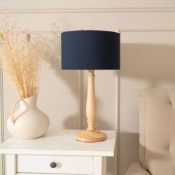 ValueLights Victoria Light Wood Traditional Stem Table Lamp with Fabric Drum Shade in Navy - thumbnail 3