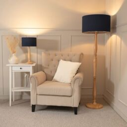 ValueLights Victoria Light Wood Traditional Stem Table Lamp with Fabric Drum Shade in Navy - thumbnail 4
