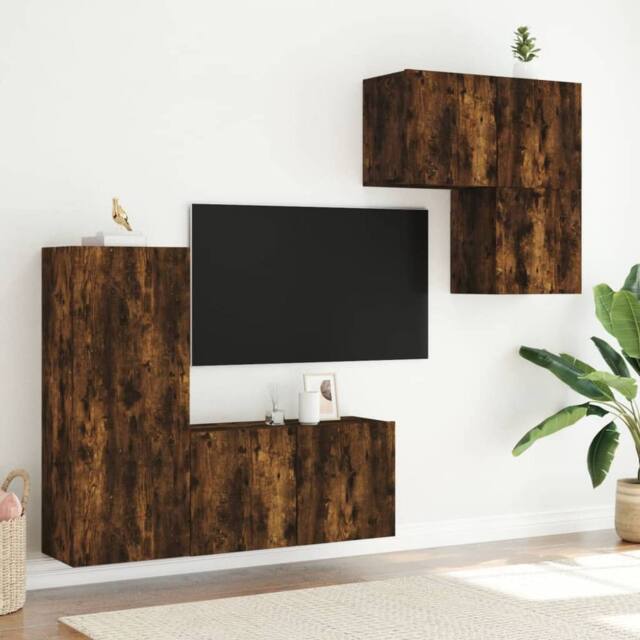 Berkfield Home Versatile 4 Piece TV Wall Units Smoked Oak Engineered Wood in Brown - image 1