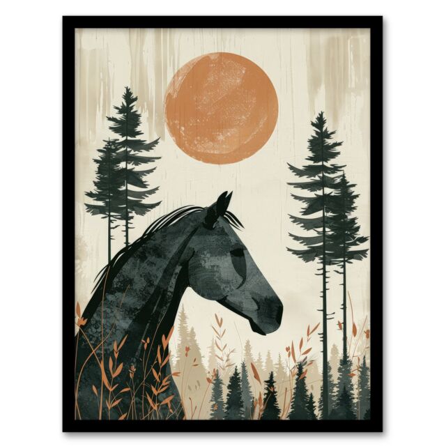 Artery8 Wall Art Print Horse & Pine Trees Simple Boho Style Painting Art Framed Poster in Black - Size: A4 - image 1
