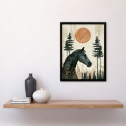 Artery8 Wall Art Print Horse & Pine Trees Simple Boho Style Painting Art Framed Poster in Black - Size: A4 - thumbnail 4