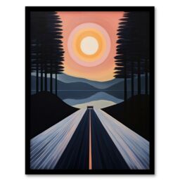 Wee Blue Coo Wall Art Print Into The Sunset Oil Painting Orange Pink Blue Country Landscape Drive Art Framed in Dark Blue - Size: A4 - thumbnail 1