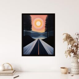Wee Blue Coo Wall Art Print Into The Sunset Oil Painting Orange Pink Blue Country Landscape Drive Art Framed in Dark Blue - Size: A4 - thumbnail 4