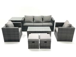 Fimous Rattan Garden Furniture Set Outdoor Lounger Sofa with Coffee Table 2 Armchair 2 Small Footstools Side Table Dark Grey Mixed - thumbnail 1