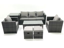 Fimous Rattan Garden Furniture Set Outdoor Lounger Sofa with Coffee Table 2 Armchair 2 Small Footstools Side Table Dark Grey Mixed - thumbnail 2