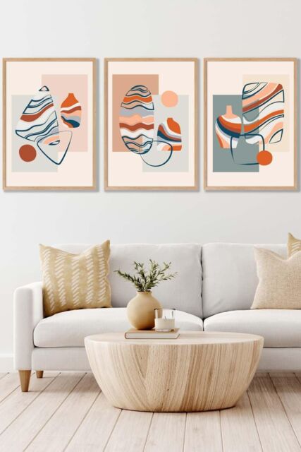 ARTZE Set of 3 Oak Framed Boho Modern Abstract in Blue & Orange Wall Art in Pale Orange - Size: W33 cm x H45 cm x D20mm - image 1