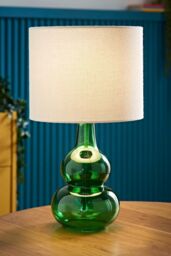 ValueLights Aida Natural Linen Tall Lamp Shade Bright Bubble Glass Table Lamp in Bright Green