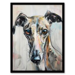 "Artery8 Greyhound Whippet Dog Lover Cute Pet Portrait Framed Art Print in Grey - Size: W12"" x H16""" - thumbnail 1