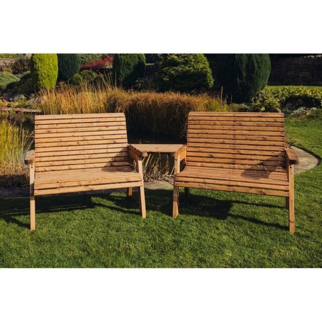 Churnet Valley Garden Furniture Ltd Valley 2 Bench Set Angled Tray - Fully Assembled - Set of Cushions Inc in Brown - image 1