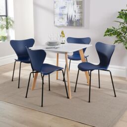 Home Source Trinity Table & 4 Penny Chairs Dining Set White Top Wooden Legs in Navy