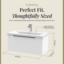 Balterley Fluted Front Wall Hung 1 Drawer Vanity Basin Unit, Satin White, 800mm in White - thumbnail 5