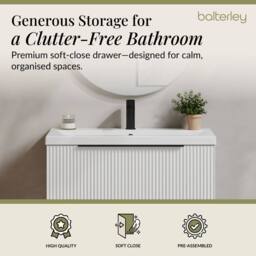 Balterley Fluted Front Wall Hung 1 Drawer Vanity Basin Unit, Satin White, 800mm in White - thumbnail 3