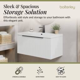 Balterley Fluted Front Wall Hung 1 Drawer Vanity Basin Unit, Satin White, 800mm in White - thumbnail 2