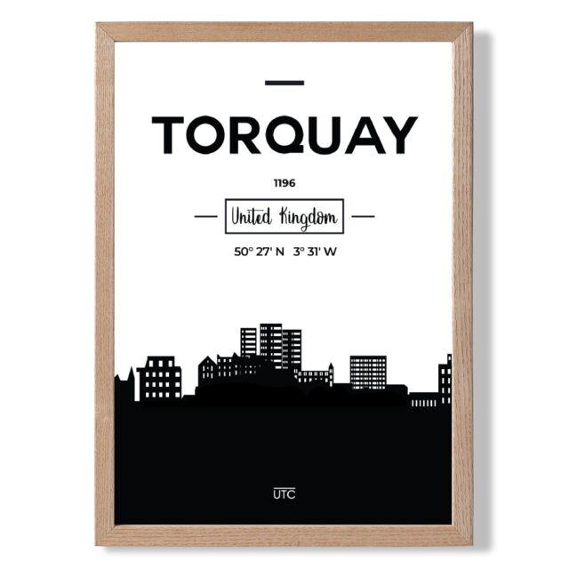 ARTZE Torquay Black & White City Skyline Framed Print SIZE: A2 with Oak Frame - Size: A4 - image 1