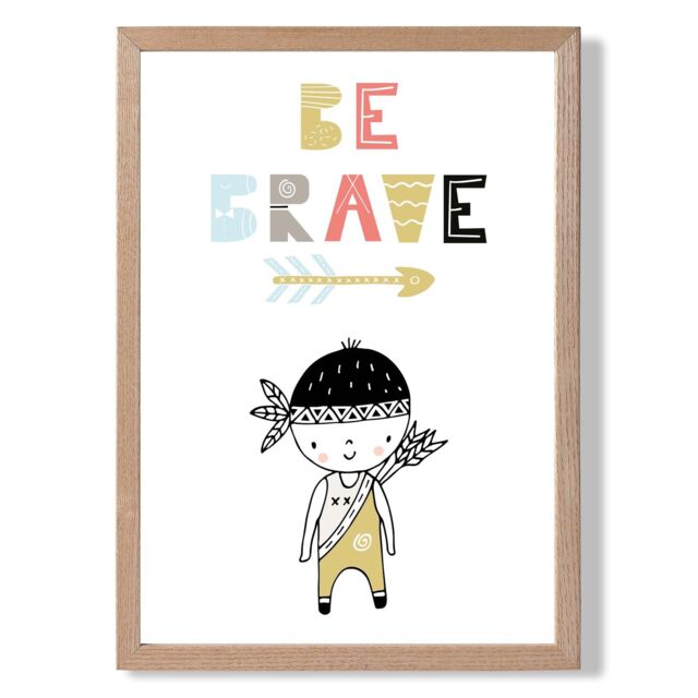 ARTZE Cute Colourful Be Brave Little Boy Scandi Quote Framed Print SIZE: A4 with Oak Frame in Pale Blue - image 1