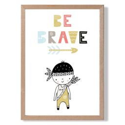 ARTZE Cute Colourful Be Brave Little Boy Scandi Quote Framed Print SIZE: A4 with Oak Frame in Pale Blue - thumbnail 1