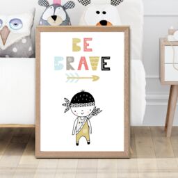 ARTZE Cute Colourful Be Brave Little Boy Scandi Quote Framed Print SIZE: A4 with Oak Frame in Pale Blue - thumbnail 2